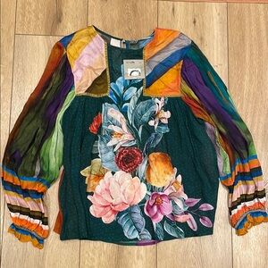 Green Ruffled Blouse with Graphic Floral Print